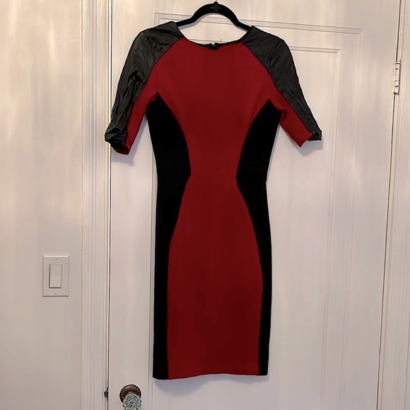 ZARA Red and black midi length dress with leather arm details​ - Picture 1 of 3